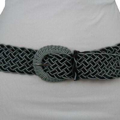 Women fashion belt hip waist black gray faux leather fabric braided size s m