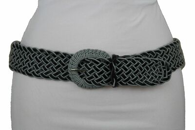 Women Fashion Belt Hip Waist Black Gray Faux Leather Fabric Braided Size S M