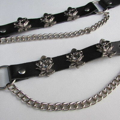 Western women boot chain pair black leather shoe straps rose flower biker rider