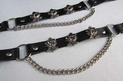 Western Women Boot Chain Pair Black Leather Shoe Straps Rose Flower Biker Rider