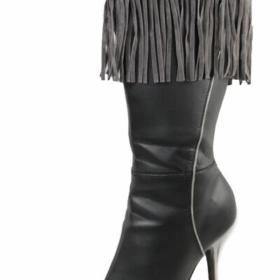Western women winter boot toppers gray fabric cover long fringe knee high flower
