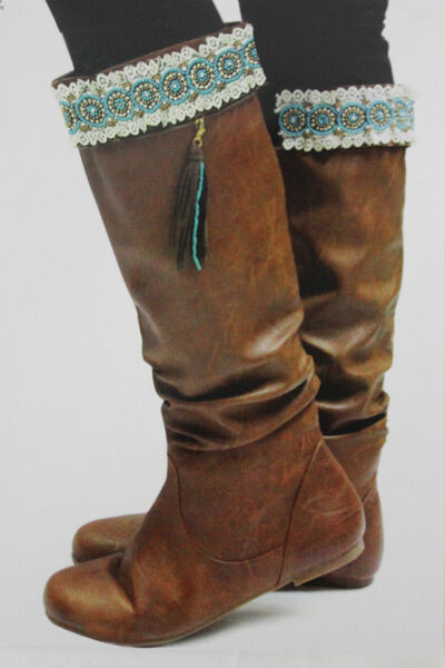 Western Women Winter Boot Toppers Turquoise Blue Gold Bead Knee High Tassle Lace
