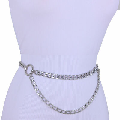 Women belt silvercolor metal chain link side circle ring charms m l xl