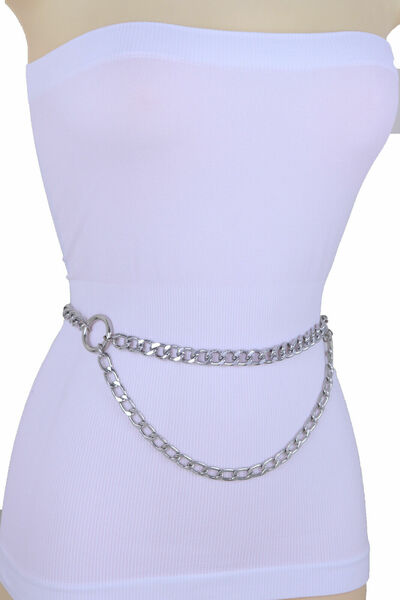 Women Belt SilverColor Metal Chain Link Side Circle Ring Charms M L XL