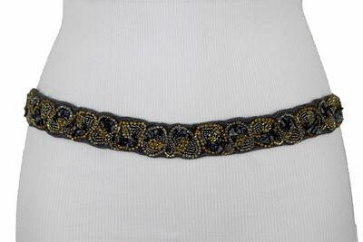Women Hippy Bling Skinny Stretch Grey Waistband Fashion Belt Bling Beads S M