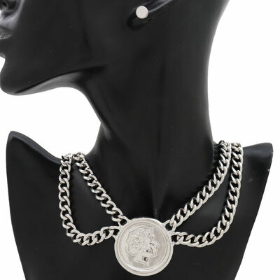 Women silver metal chain necklace greek face greece coin pendant jewelry set