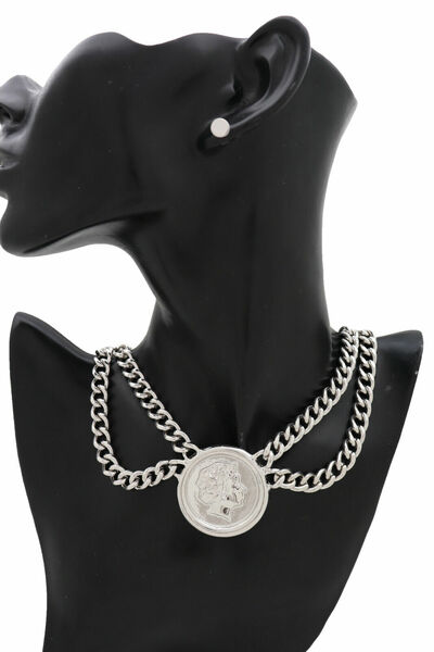 Women Silver Metal Chain Necklace Greek Face Greece Coin Pendant Jewelry Set