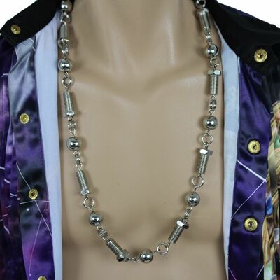 Gangster men long fashion necklace silver metal balls screw tool hip hop jewelry