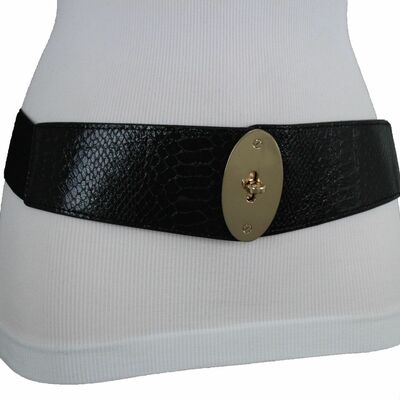 Hip waist fashion black faux leather elastic corset belt gold metal buckle s m
