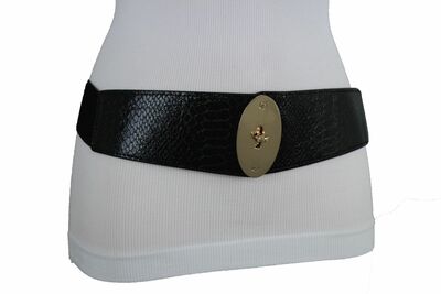 Hip Waist Fashion Black Faux Leather Elastic Corset Belt Gold Metal Buckle S M