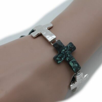 Women antique rusty metal turquoise blue silver western fashion bracelet cross
