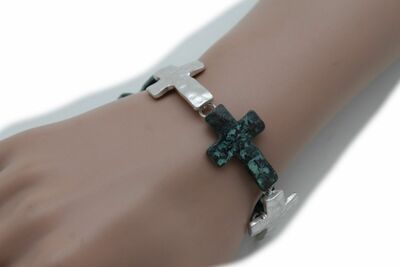 Women Antique Rusty Metal Turquoise Blue Silver Western Fashion Bracelet Cross