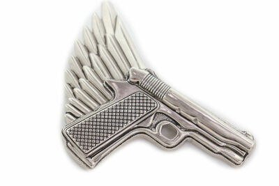 Hot Topic Men Biker Silver Metal Buckle Angel Wing Gun Pistol Western Style Bold
