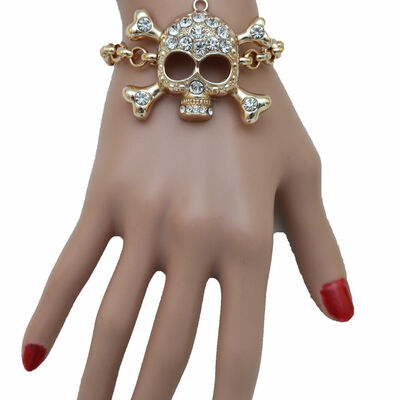 Women biker fashion bracelet gold metal chain skull charm jewelry collection