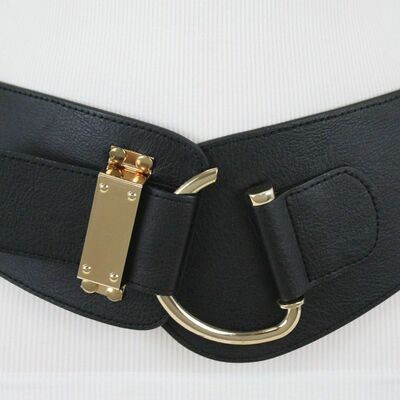 Women black gold faux leather western fashion elastic belt hook buckle l xl