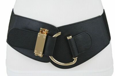 Women Black Gold Faux Leather Western Fashion Elastic Belt Hook Buckle L XL