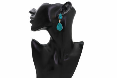 Women Earrings Gold Metal Dangle Turquoise Blue Fashion Jewelry Evening Wear