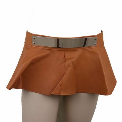 Women beige faux leather sexy look mini hot skirt tie belt gold metal plate s m