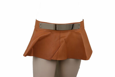 Women Beige Faux Leather Sexy Look Mini Hot Skirt Tie Belt Gold Metal Plate S M