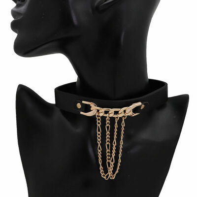 Women gold metal chain link pendant black strap choker necklace cool jewelry