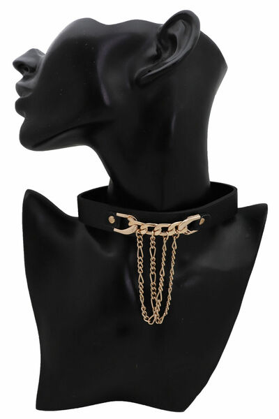Women Gold Metal Chain Link Pendant Black Strap Choker Necklace Cool Jewelry