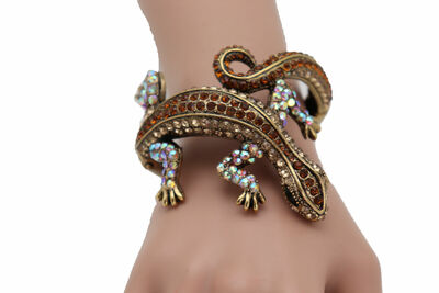 Women Gold Metal Cuff Bracelet Lizard Gecko Animal Precious Fashion Stunning