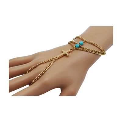 Women gold metal hand chain bracelet cross charm turquoise blue new arrivale