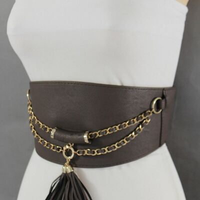 Women belt elastic dark brown wide corset hip high waist gold chains fringe s m