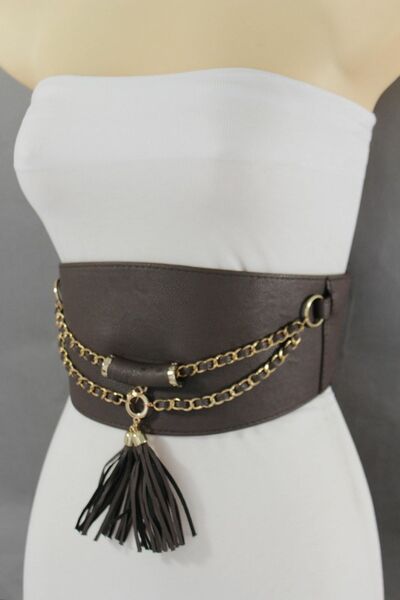 Women Belt Elastic Dark Brown Wide Corset Hip High Waist Gold Chains Fringe S M