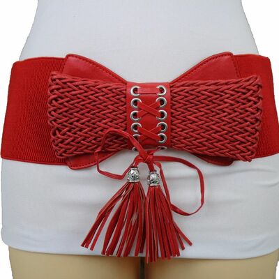 Women hip waist wide faux leather braided fashion corset red belt tassel s m