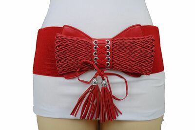 Women Hip Waist Wide Faux Leather Braided Fashion Corset Red Belt Tassel S M
