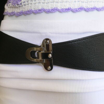 Women belt fashion waist hip elastic black band pewter metal hook buckle s m