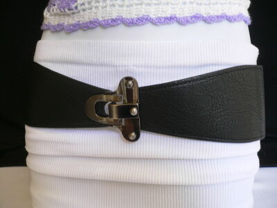 Women Belt Fashion Waist Hip Elastic Black Band Pewter Metal Hook Buckle S M