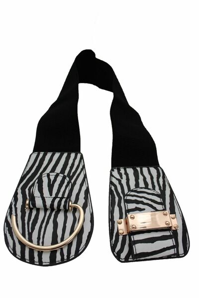 Women Belt Gold Hook Buckle Safari Black White Zebra Elastic Plus Size XL XXL