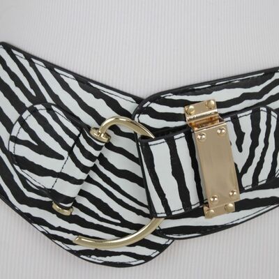 Women belt gold hook buckle safari black white zebra elastic waistband xl xxl