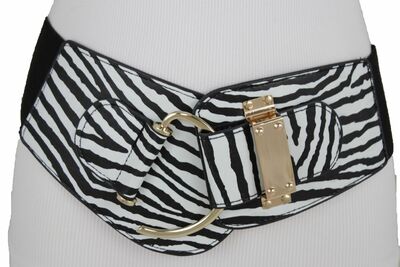 Women Belt Gold Hook Buckle Safari Black White Zebra Elastic Waistband XL XXL