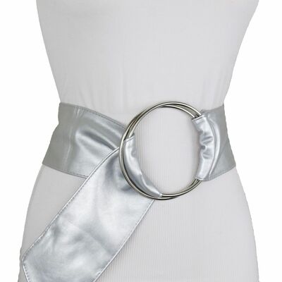 Women sexy belt silver wide faux leather fabric band metal ring buckle s m l