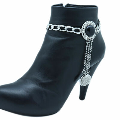 Women silver metal chain boot bracelet anklet shoe black coins charm western