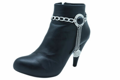 Women Silver Metal Chain Boot Bracelet Anklet Shoe Black Coins Charm Western
