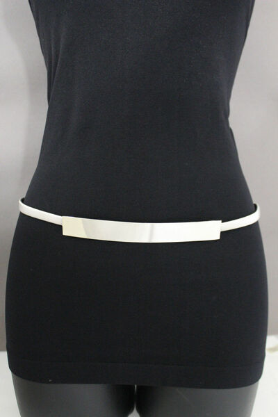 Women Belt Hip High Waist Elastic Silver Metal Long Plate Buckle Fashion S M
