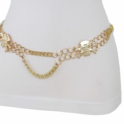 Women belt hip high waist gold metal chain side skeleton skull buckle m l xl