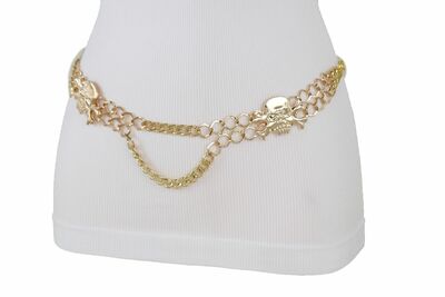 Women Belt Hip High Waist Gold Metal Chain Side Skeleton Skull Buckle M L XL