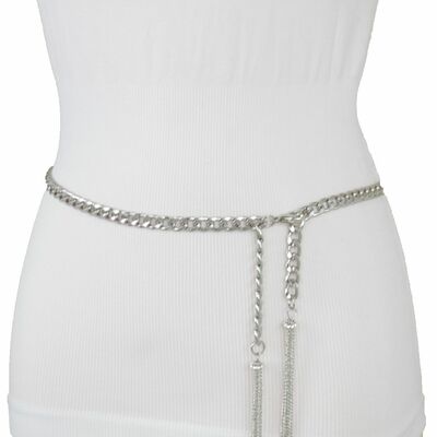 Women silver metal fringe tassel chain bling fancy belt skinny waistband m l