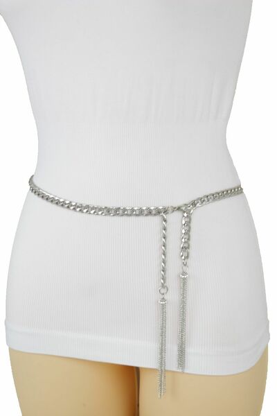 Women Silver Metal Fringe Tassel Chain Bling Fancy Belt Skinny Waistband M L