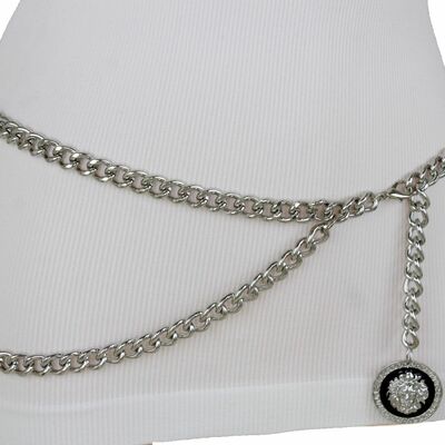 Women belt hip waist narrow band silver metal chain hot lion charm buckle xs s m