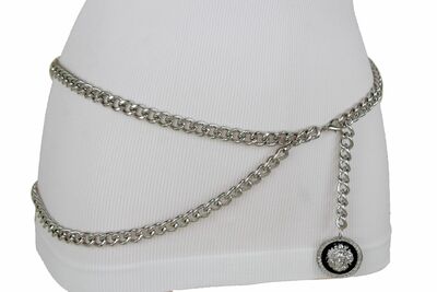 Women Belt Hip Waist Narrow Band Silver Metal Chain Hot Lion Charm Buckle XS S M
