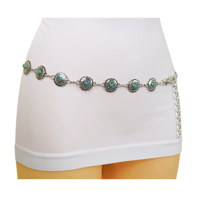Women belt vintage silver metal hip waist flower waistband turquoise blue s m