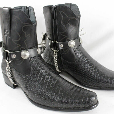 Men biker boots chain pair black faux leather strap indian native american charm
