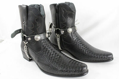 Men Biker Boots Chain Pair Black Faux Leather Strap Indian Native American Charm