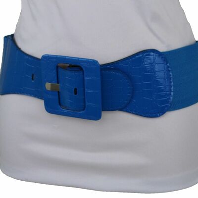 Women belt wide cobalt sky blue elastic waistband square buckle fit sizes m l xl